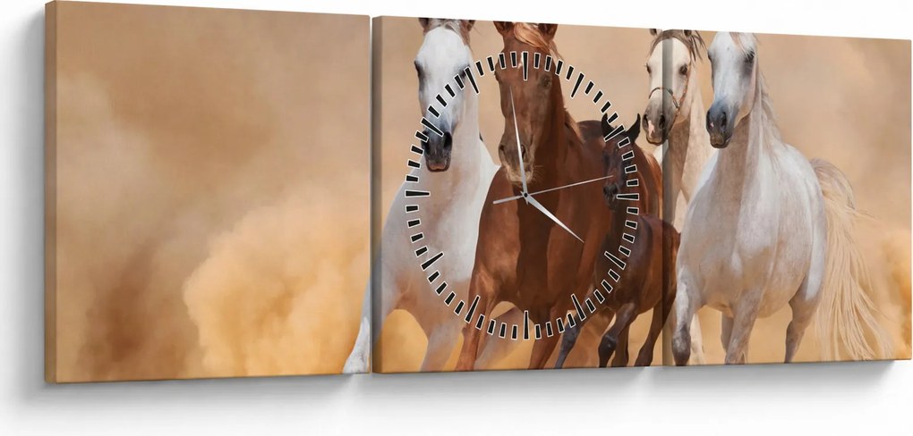 Obraz - Stado koni (z zegarem) (90x30 cm)
