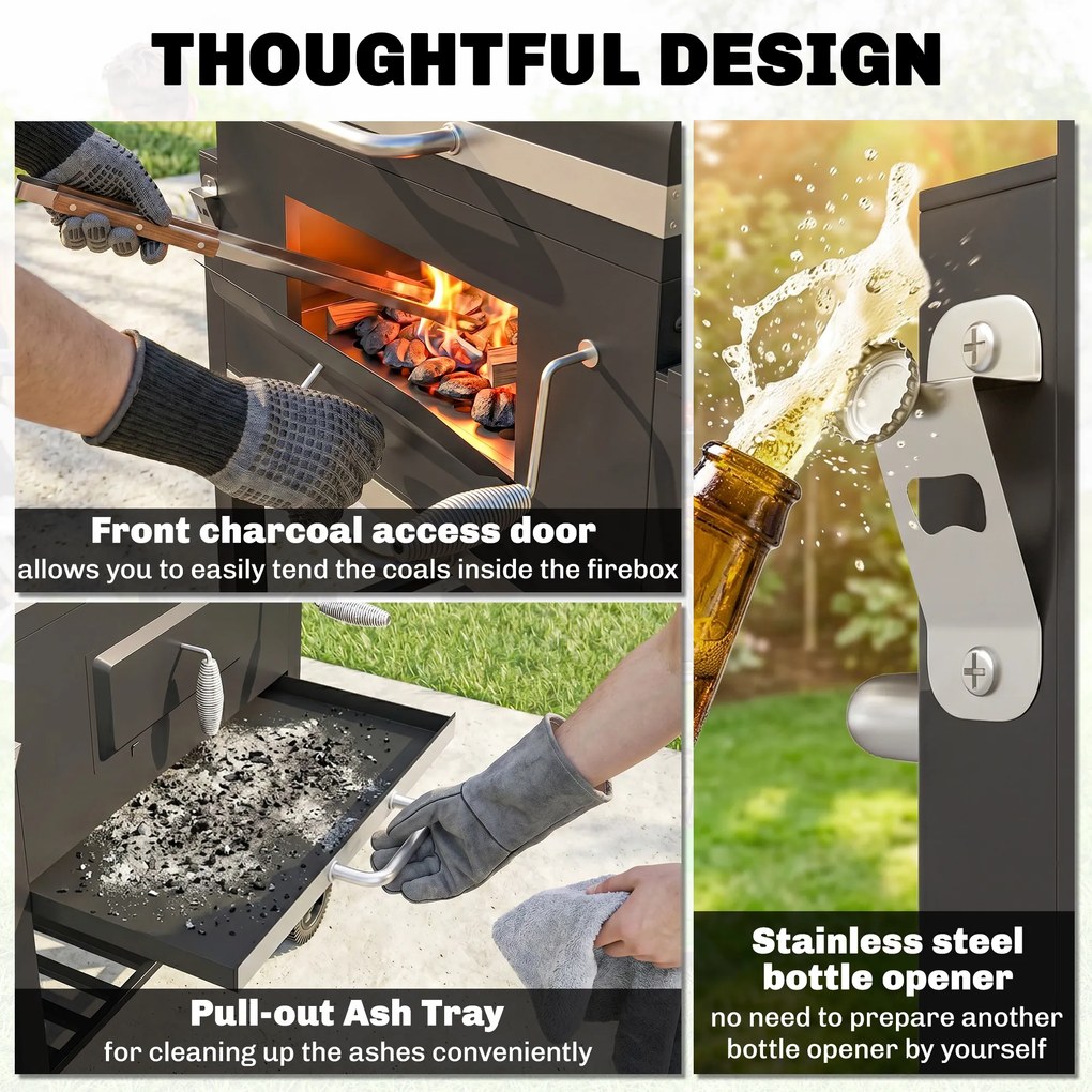 Outsunny Grill węglowy Smoker BBQ-Smoker, 1 półka, 1 uchwyt na ręcznik, 2 ruszty grillowe, 113 cm x 65 cm x 108 cm, Czarny