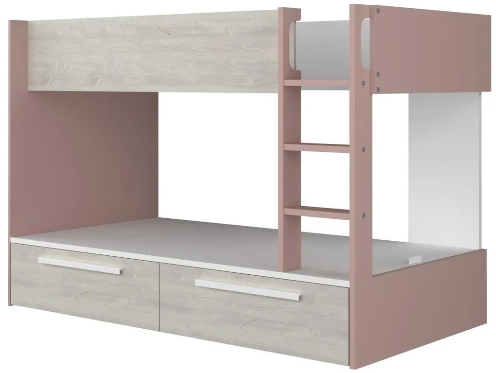 Łóżko piętrowe 2 x 90 x 200 cm - 2 szuflady - Różowy, biały i naturalny + Materac - TINOLI