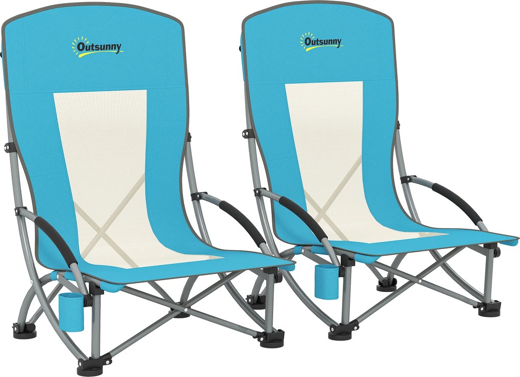 Zestaw 2 Składanych Krzeseł Kempingowych Outsunny z Uchwytem na Napoje, Siatkowe Oparcie, Niebieskie, do 120 kg