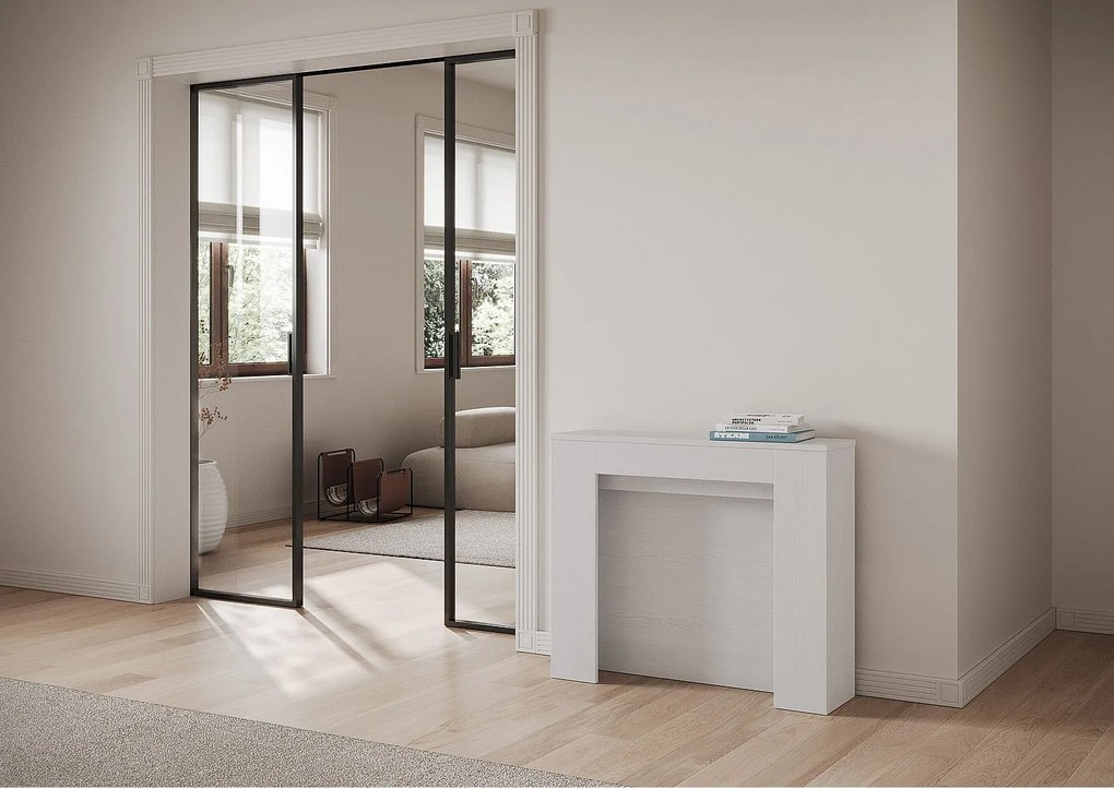 Konsola rozkładana 90x25/211 cm Kiba Frassino biała wewnętrzne przedłużenia