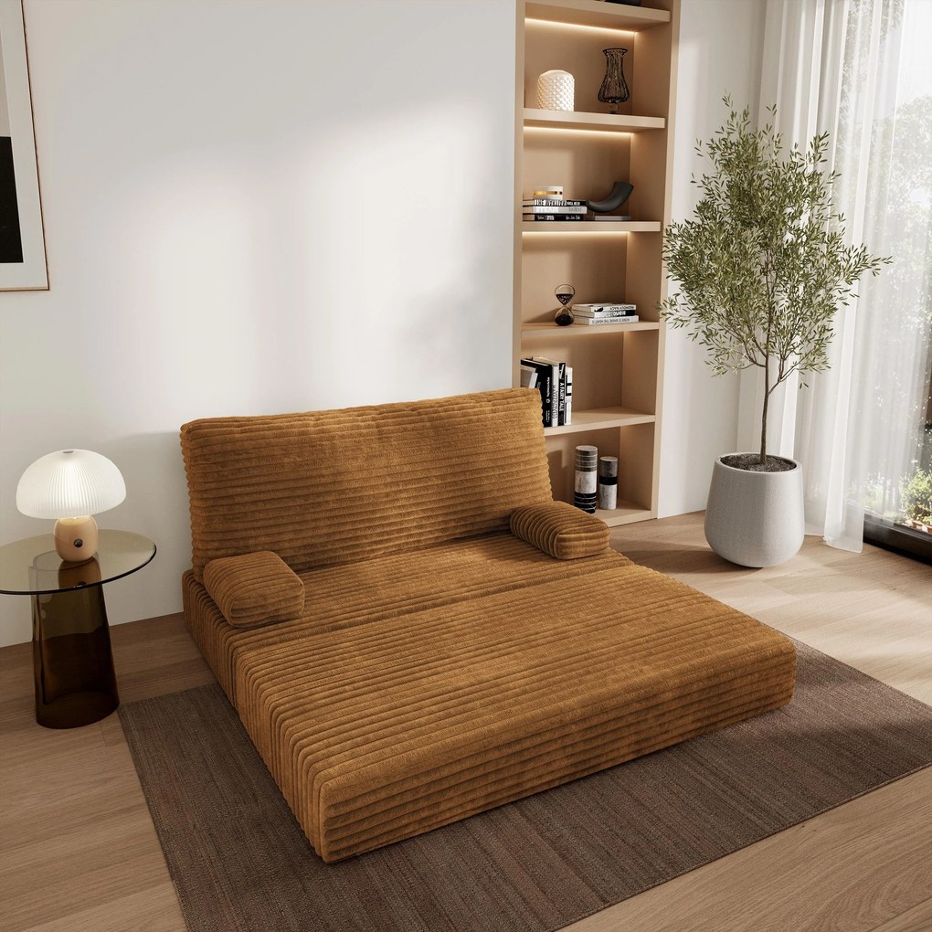 Masseno Sofa piankowa LADIA z funkcją spania, Kanapa z pianki do salonu, Bezmontażowa, Tkanina sztruksowa – Miedziany TILIA 56