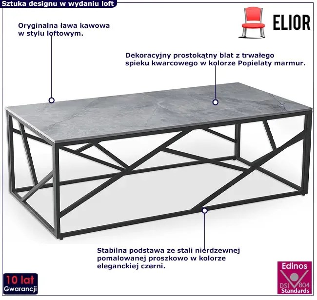 Loftowa ława z blatem popielaty marmur - Goldea 2X