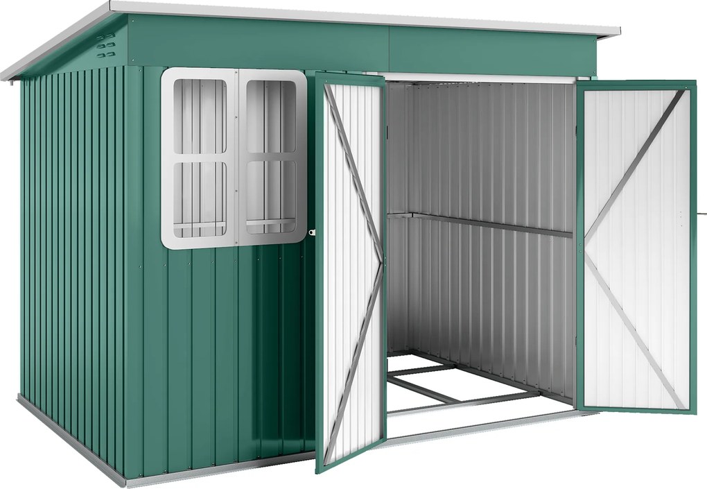 Outsunny Metalowy schowek do przechowywania narzędzi ogrodowych, z oknem, szerokie drzwi, 260 x 177 x 190 cm, zielony | Aosom PL