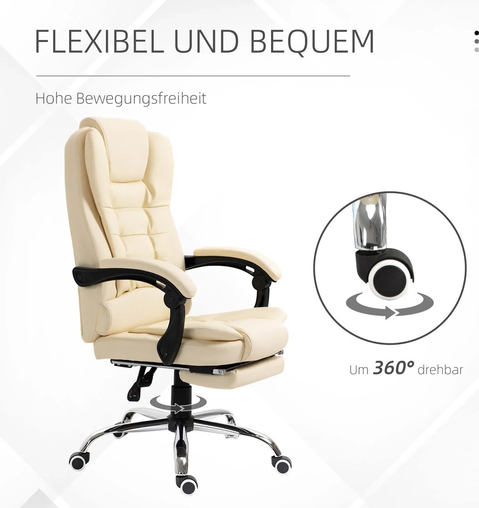 HOMCOM Fotel Biurowy Szefowski z Podnóżkiem Kremowo Biały Regulowane Oparcie i Pochylenie Komfort Pracy | Aosom PL
