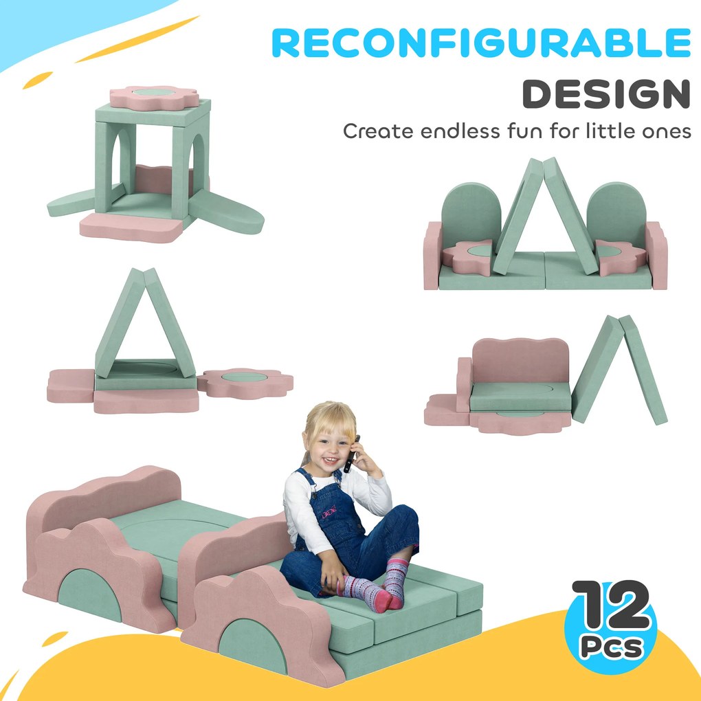 AIYAPLAY 12-częściowy zestaw klocków piankowych do wspinaczki, budowania, pełzania, maty do zabawy w pomieszczeniach z pokryciem z weluru, Zielony+Różowy