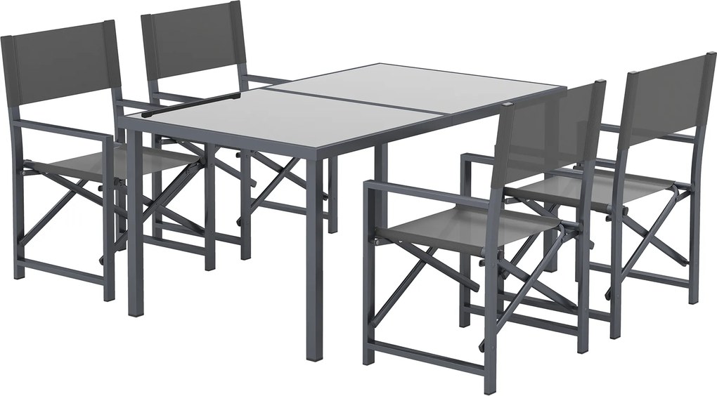 Zestaw mebli jadalnianych Outsunny 5-częściowy ze stali dla 4 osób, stół ze szklanym blatem i 4 składane krzesła, Szary