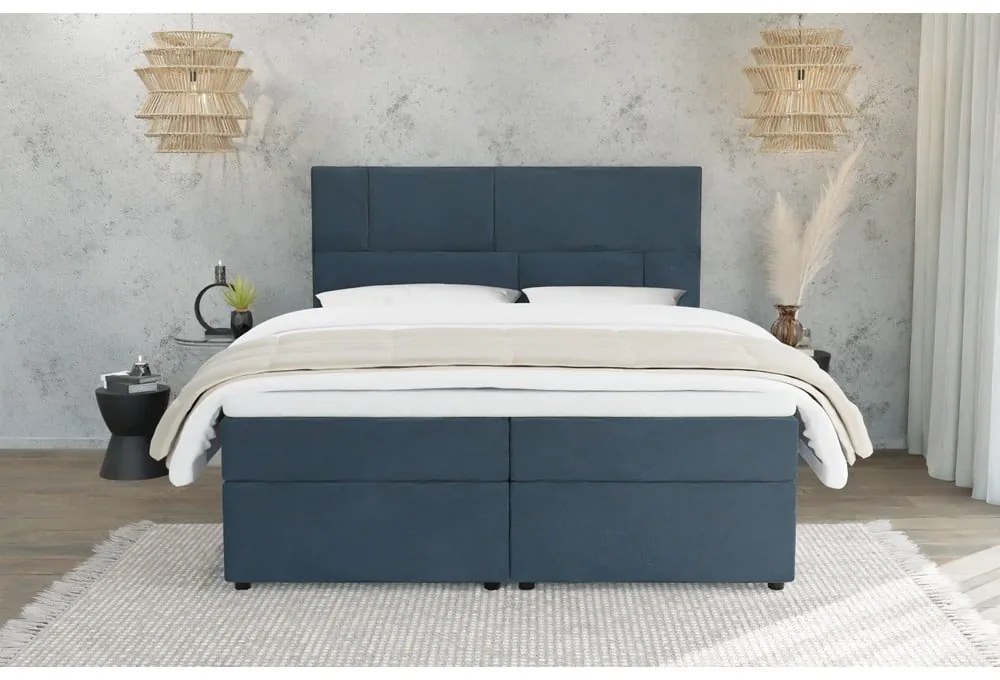 Ciemnoniebieskie łóżko boxspring ze schowkiem 140x200 cm Lola – Ropez