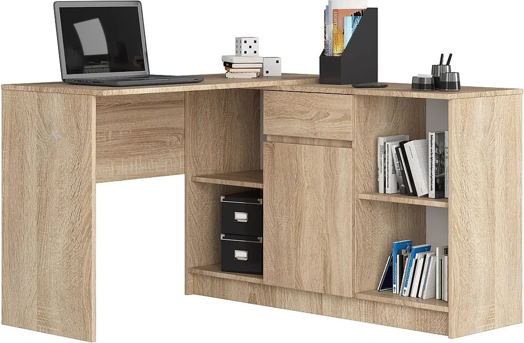 Biurko narożne AKORD B17 Dąb Sonoma 120 cm Zestaw z komodą 1 drzwi 1 szuflada kolor Dąb Sonoma mat 6 półek 120x126x79 cm