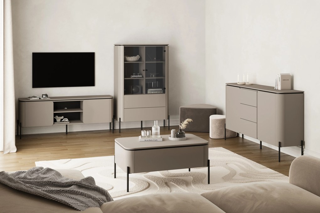 Witryna BELVIO 160 x 98 cm Stojąca, Nowoczesna witryna do salonu, Odcienie beżu