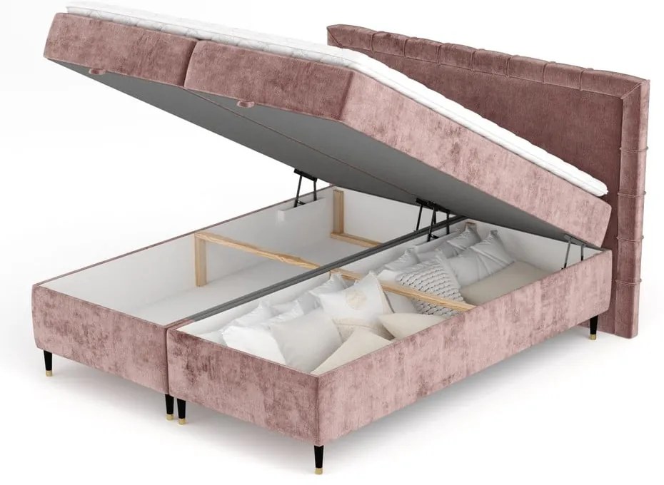Różowe łóżko boxspring ze schowkiem 200x200 cm Voyage – Maison de Rêve