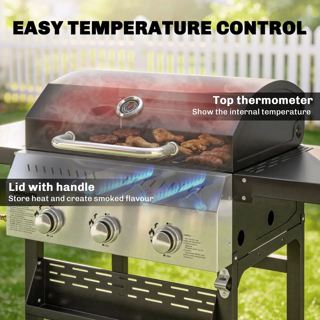 Outsunny Grill gazowy 9 kW 3 palniki BBQ wózek ze stali nierdzewnej ze składanymi półkami, uchwytem na przyprawy, dolną półką i 6 haczykami | Aosom PL