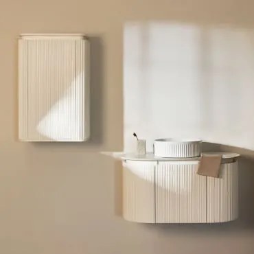 Zestaw Wiszących Mebli Łazienkowych 90x50 Cm Z Drewna Carsone Naturalna & Naturalna & Redondo Cerámica Blanco Rayas Ø36 Cm - Sklum
