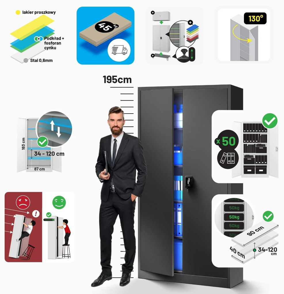 Szafa na dokumenty biurowa metalowa antracytowa: JAN H, 900 x 1950 x 400 mm