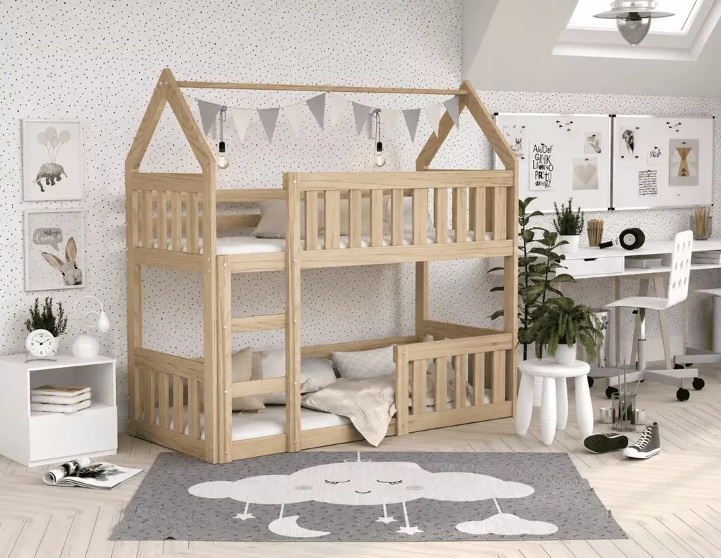 Łóżko piętrowe dziecięce Clare Domek Mini 80x190 drewniane sosnowe z barierkami