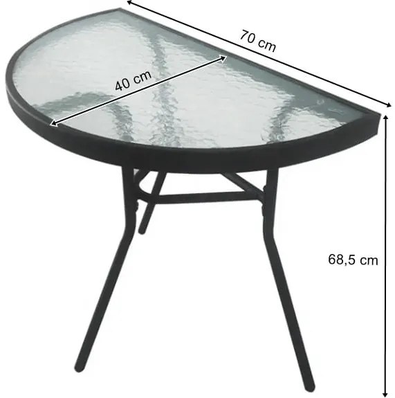 Półokrągły stolik ogrodowy z szklanym blatem ISLAND 70x40 cm, czarny