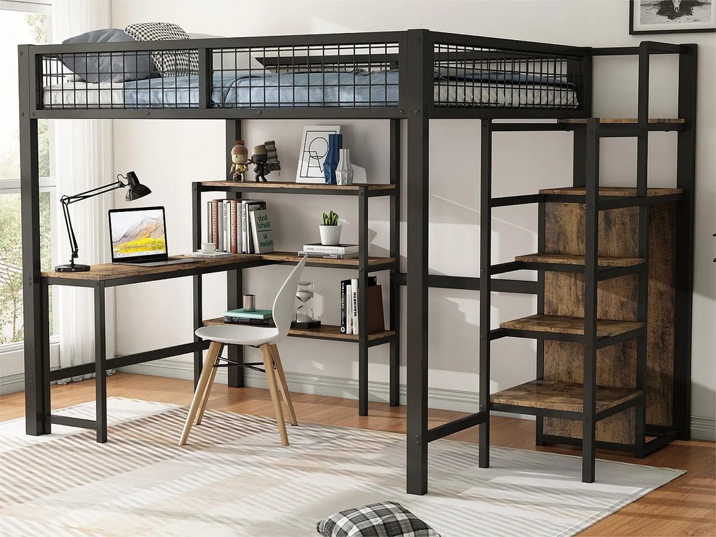 Łóżko mezzanine 140x200 cm - stalowa rama - z biurkiem i półkami - Czarny