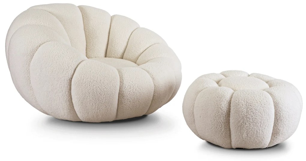 Fotel Wypoczynkowy Obrotowy PETTIT Kremowy z Pufą w Tkaninie Teddy Boucle