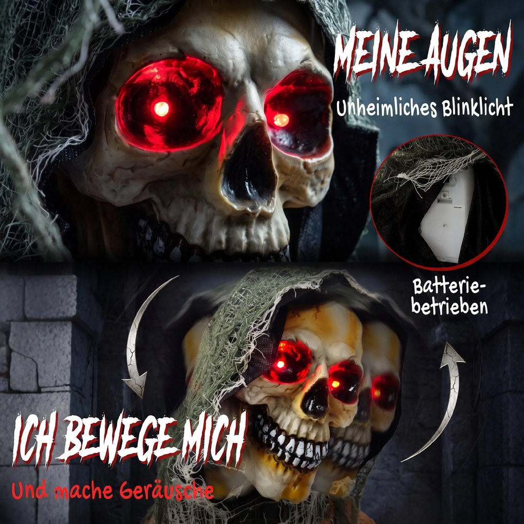 HOMCOM Animowany Żniwiarz, 170 cm, animatronika halloweenowa w skali naturalnej z ruchomymi dłońmi/głową, świecącymi oczami i przerażającym dźwiękiem | Aosom PL
