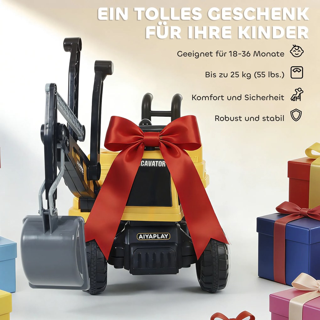 AIYAPLAY Koparka na siedzenie z łopatą, kierownicą, obracający się kadłub, regulowane oparcie dla dzieci 1,5-3 lata, Żółty | Aosom PL