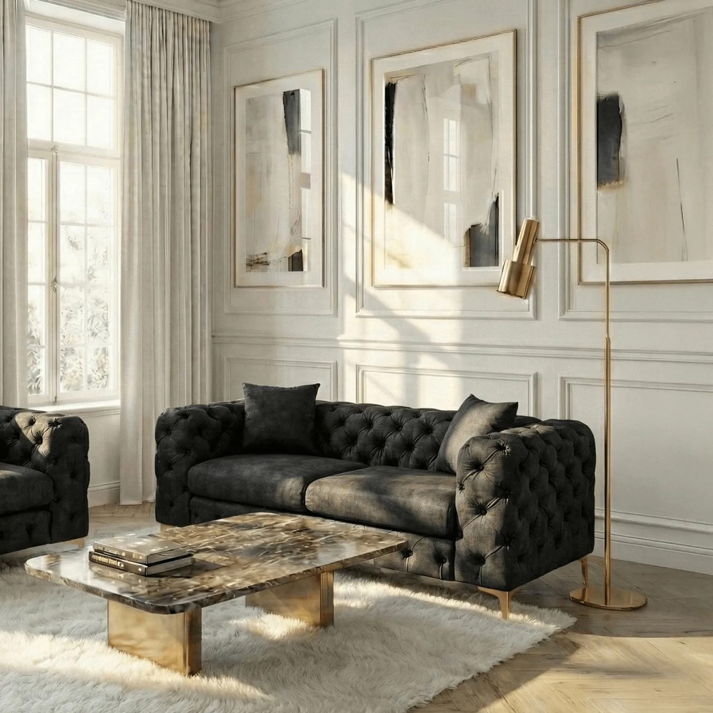 Sofa SORRENTO 2S Dwuosobowa Czarna Welurowa Nowoczesna Glamour