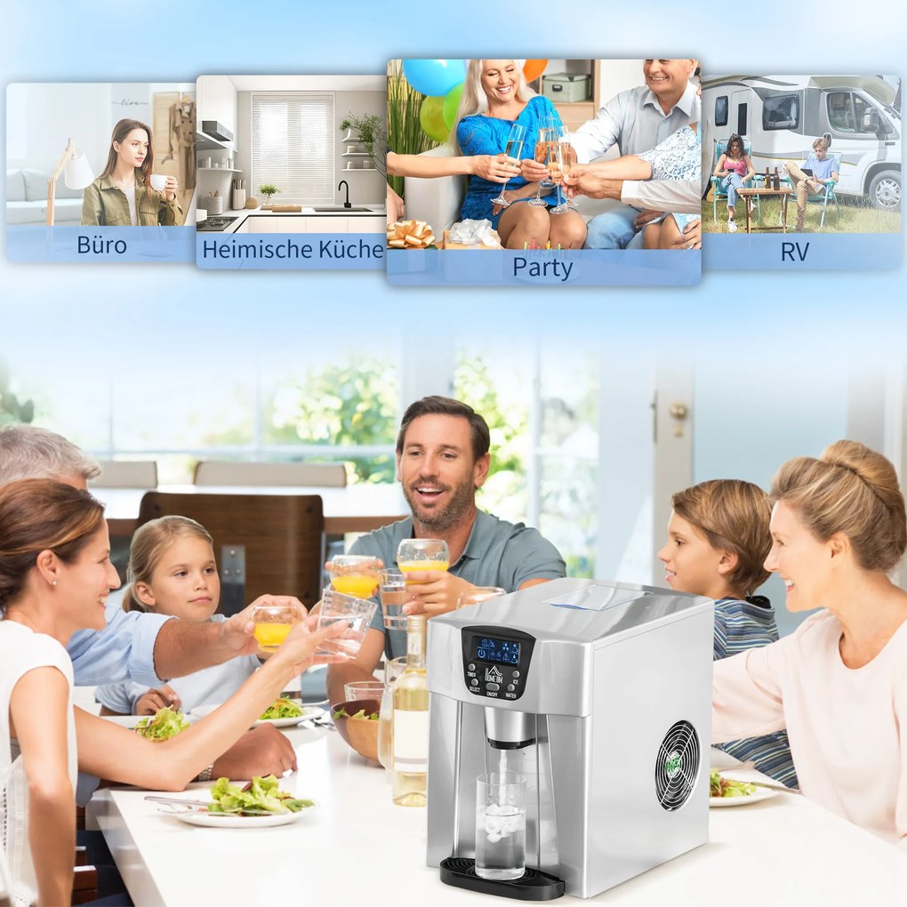 HOMCOM Kostkarka do Lodu Maszyna do Kostek Lodowych Ice-Maker, Funkcja Timera, 38,9 cm x 25,2 cm x 36,3 cm, Srebrna