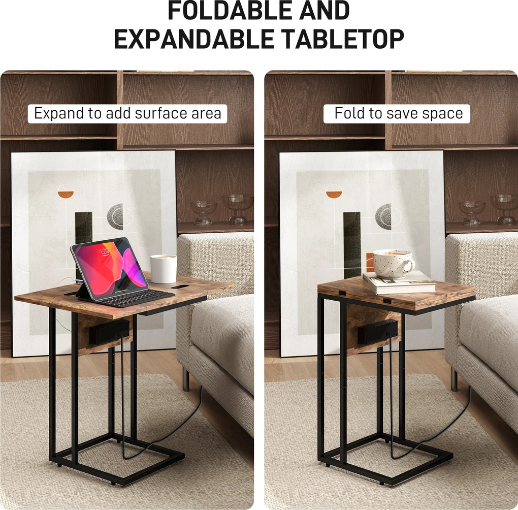 HOMCOM składany stolik boczny, stacja ładująca z portami USB, metal, 39 x 29 x 57 cm, brązowy