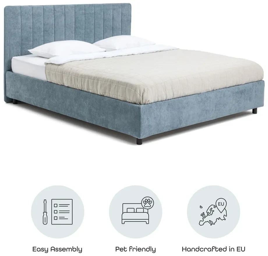 Niebieskie tapicerowane łóżko dwuosobowe ze schowkiem i stelażem 180x200 cm Myra Slim Line – Bonami Selection