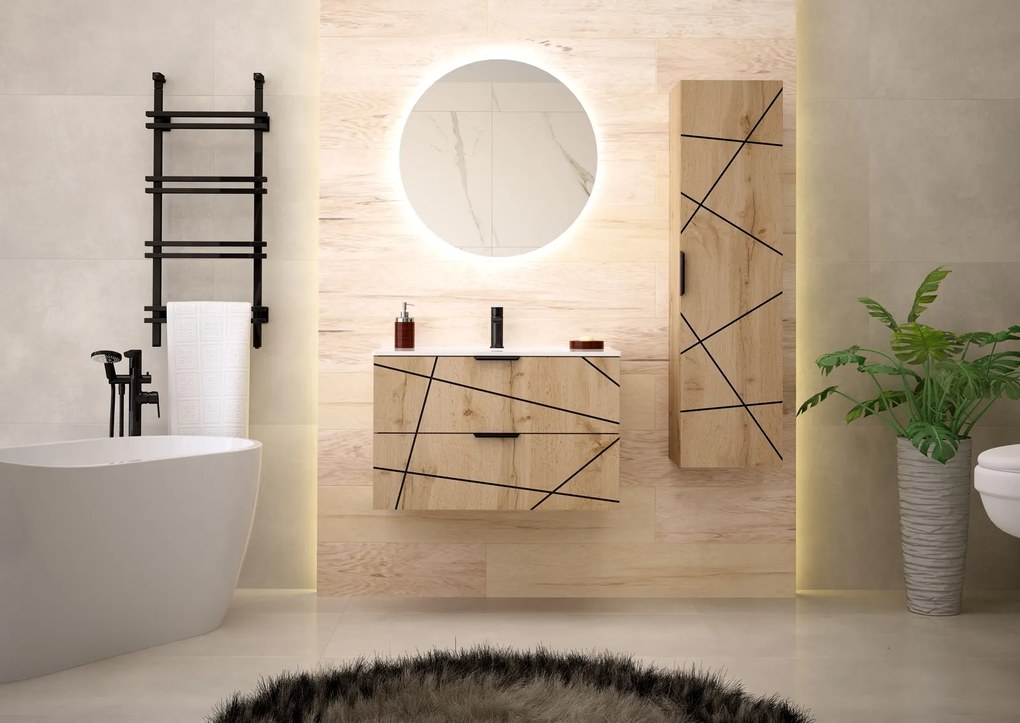 Szafka ścienna 80 cm z umywalką wpuszczaną Wood 01, dąb wotan - zestaw 3