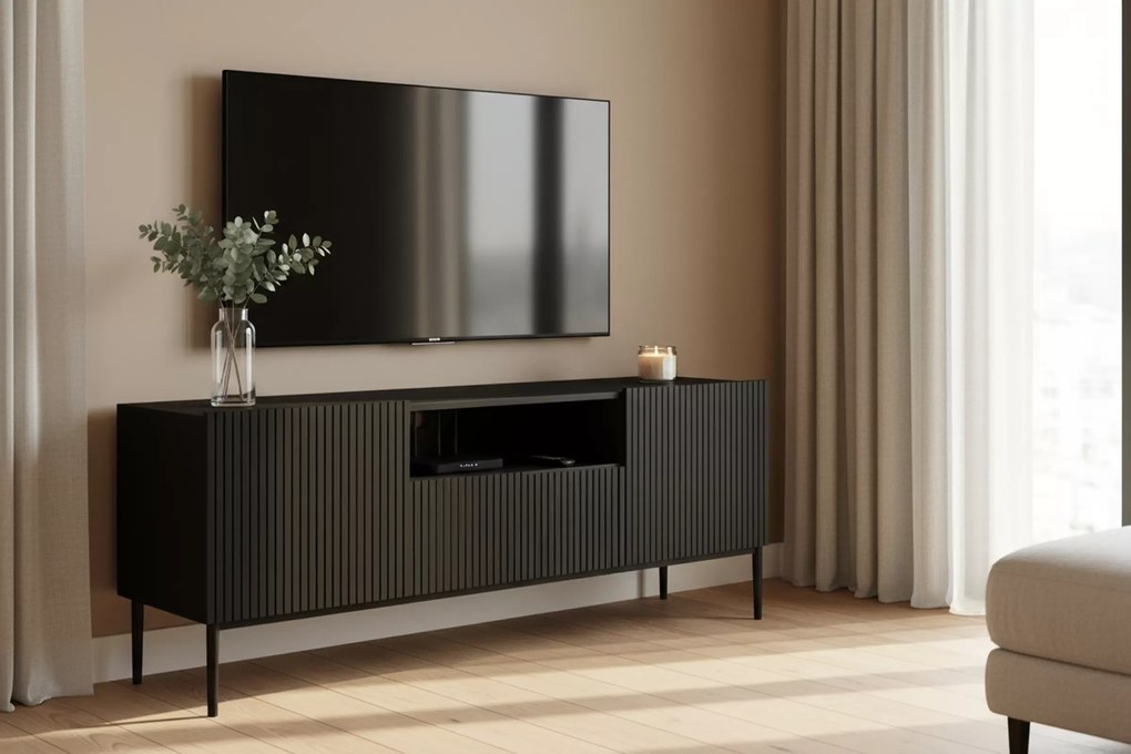 Szafka RTV Nicole 150 cm z szufladą i wnęką - czarny mat / czarne nóżki