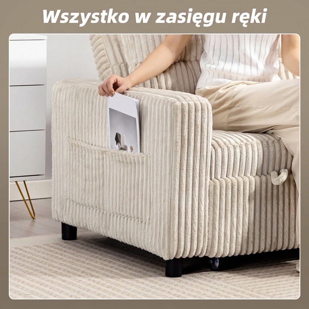 HOMCOM Sofa 2-osobowa z funkcją spania, sztruks, rozkładana, 2 poduszki, kieszenie boczne, 157 x 190 cm, Cremeweiß
