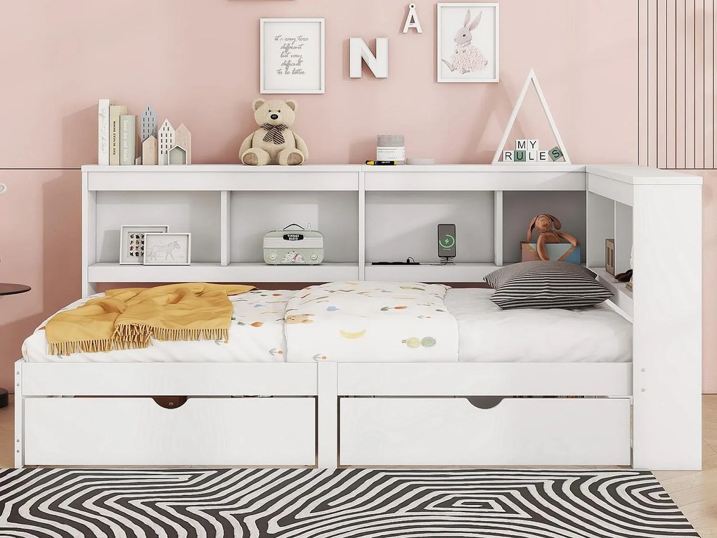 Łóżko banquette 90x200cm - z portami USB i schowkami - Białe