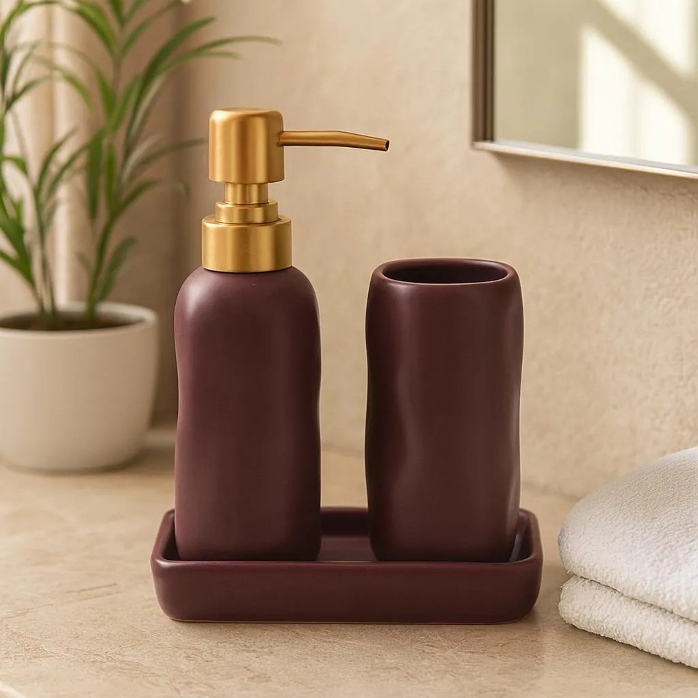 Zestaw łazienkowy EON, ceramiczny dozownik ze złotą pompką, kubek i taca