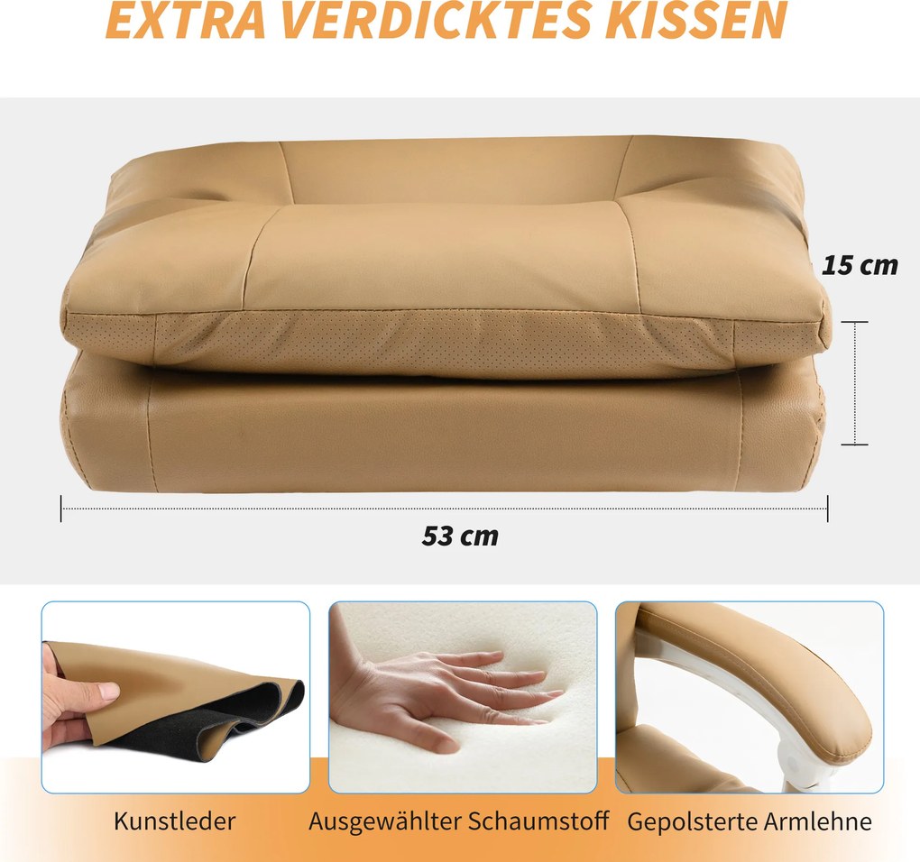 HOMCOM Ergonomiczny fotel biurowy z wsparciem lędźwiowym, składany podłokietnik, delikatny brązowy podnóżek