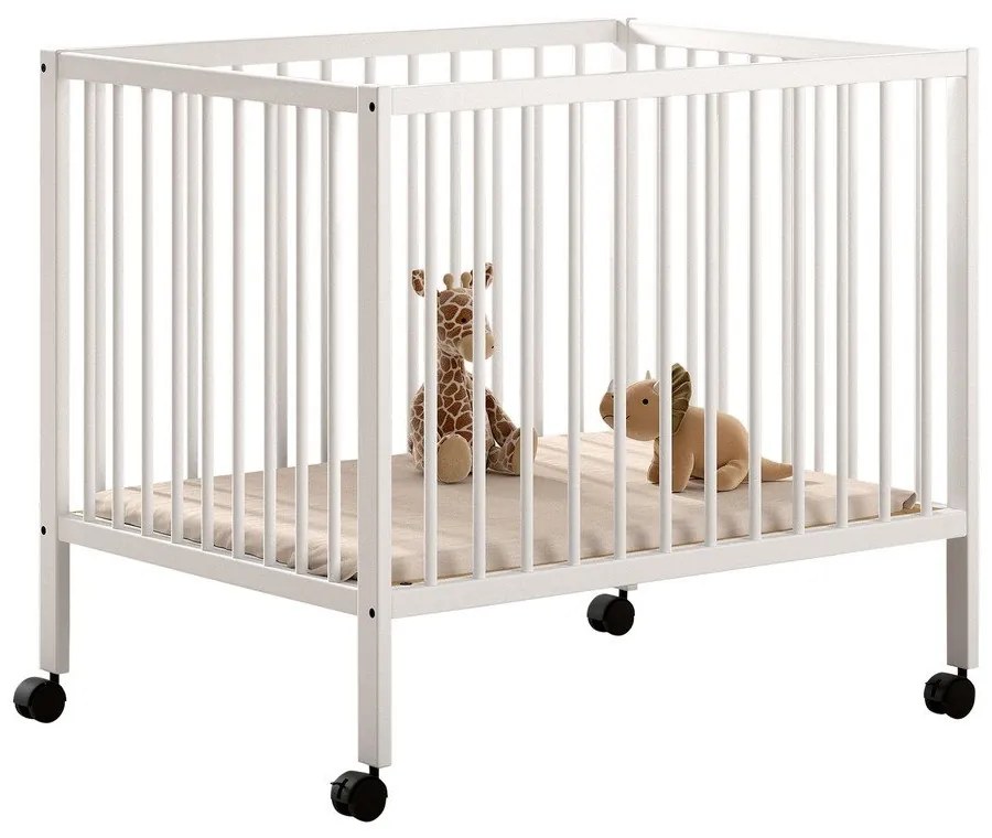 Biały kojec dla dzieci z litego drewna bukowego z regulowaną wysokością/na kółkach 95x75 cm Dino – Vipack