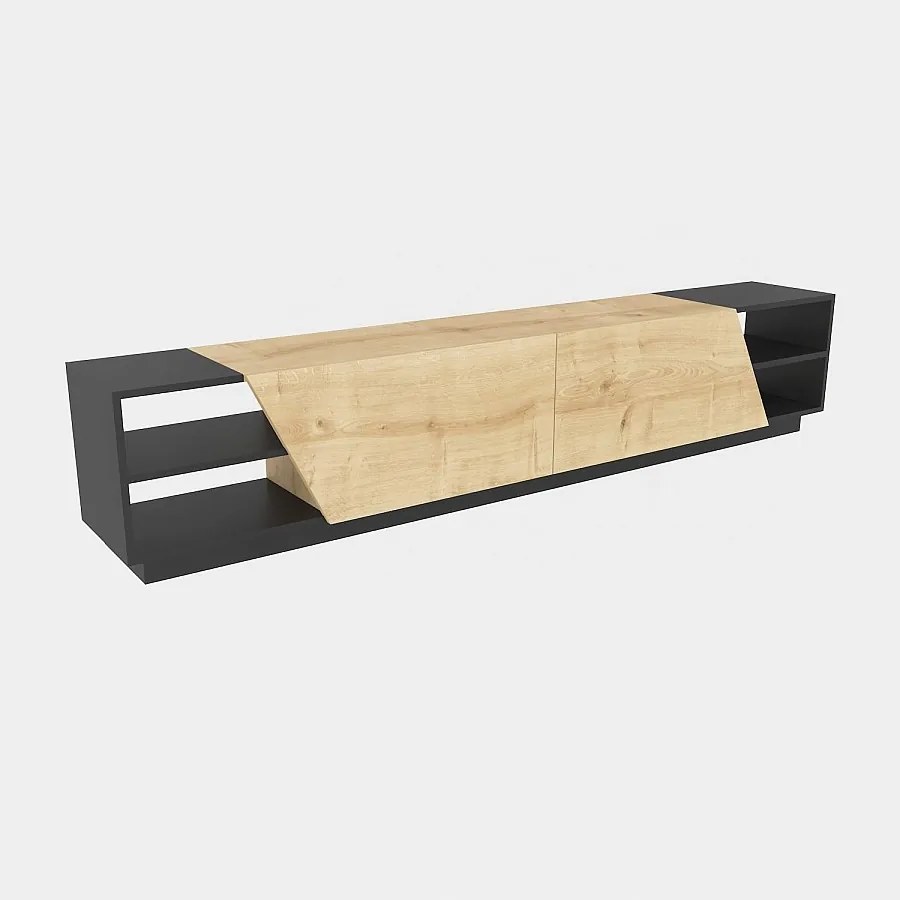 Skandynawska szafka pod telewizor, 240 cm, antracyt i dąb | Płyta wiórowa pokryta melaminą w 100%, grubość 18 mm | Elegancka i funkcjonalna do nowoczesnych salonów