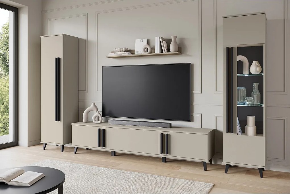 Meblościanka do salonu na nóżkach z LED– zestaw RTV 180 cm, witryna, regał, półka mat Congo mat