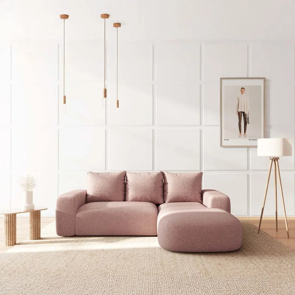 Różowy narożnik z materiału bouclé (prawostronny/z szezlongiem) Monce – Rodier