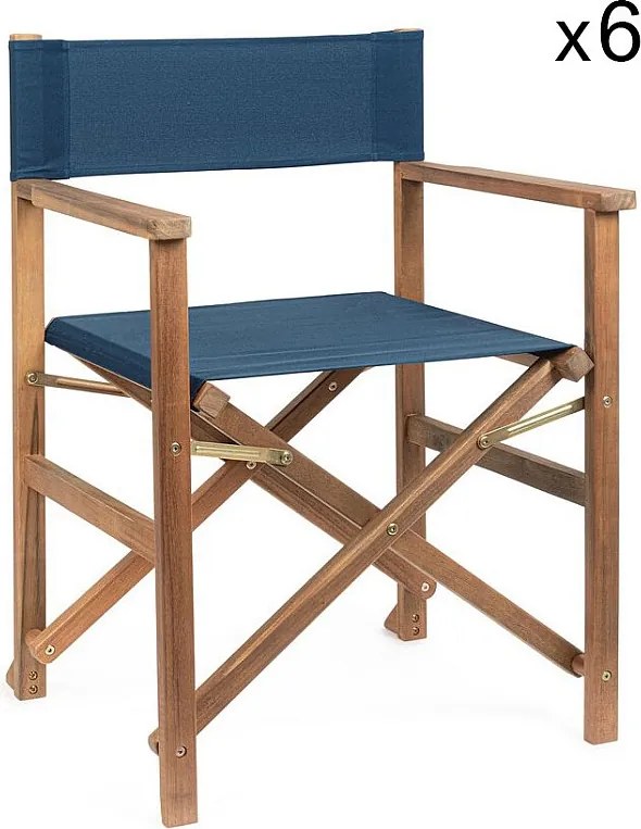 Zestaw 6 krzeseł reżyserskich z drewna akacjowego i niebieskiego poliestru, składanych - NOEMI