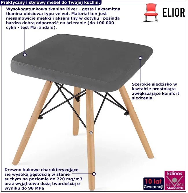 Szary skandynawski taboret welurowy - Hiren 3X
