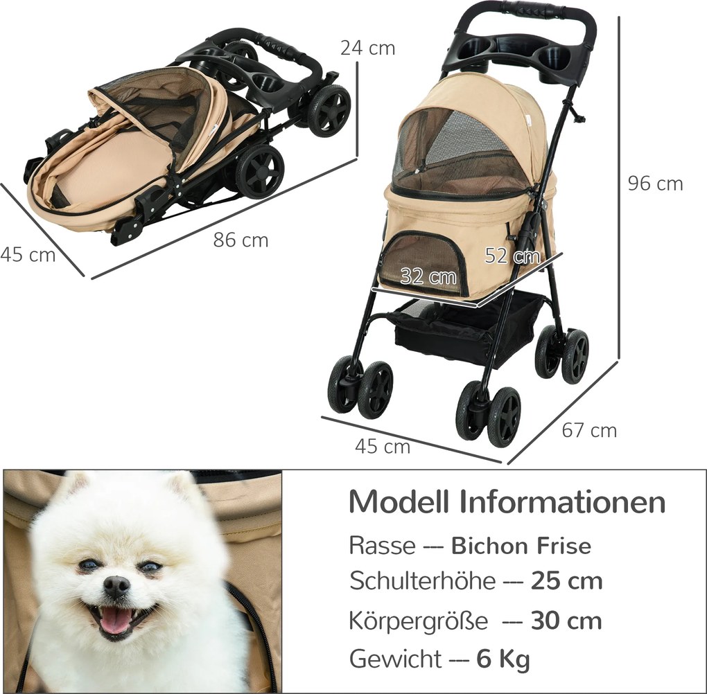 Outsunny Wózek dla psa składany z 2 pasami bezpieczeństwa do 20 kg khaki | Aosom PL