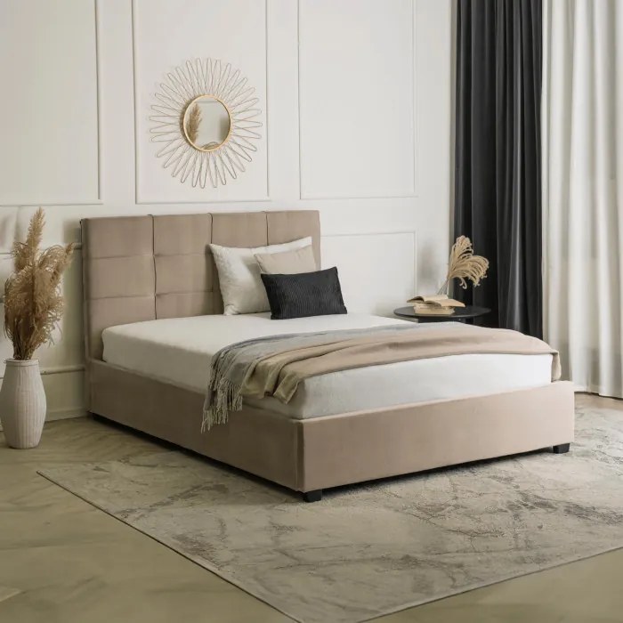 Łóżko Tapicerowane 140x200 cm ze Stelażem i Pojemnikiem Dwuosobowe TINGA Welurowe Beżowe Sypialniane