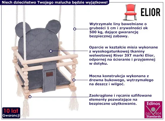 Dziecięca huśtawka z poduszką w kolorze stalowym - Gavo