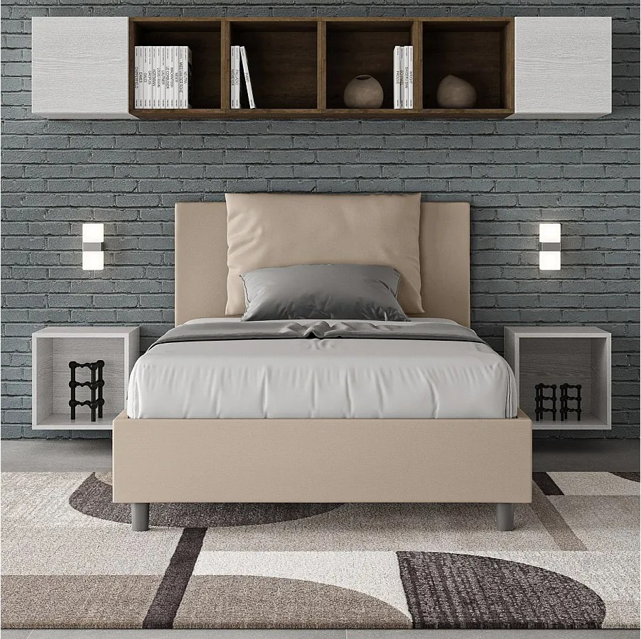 Łóżko wyposażone w stelaż z listwami tapicerowane 120x200 sztucznej skóry szaro-beżowy Antea