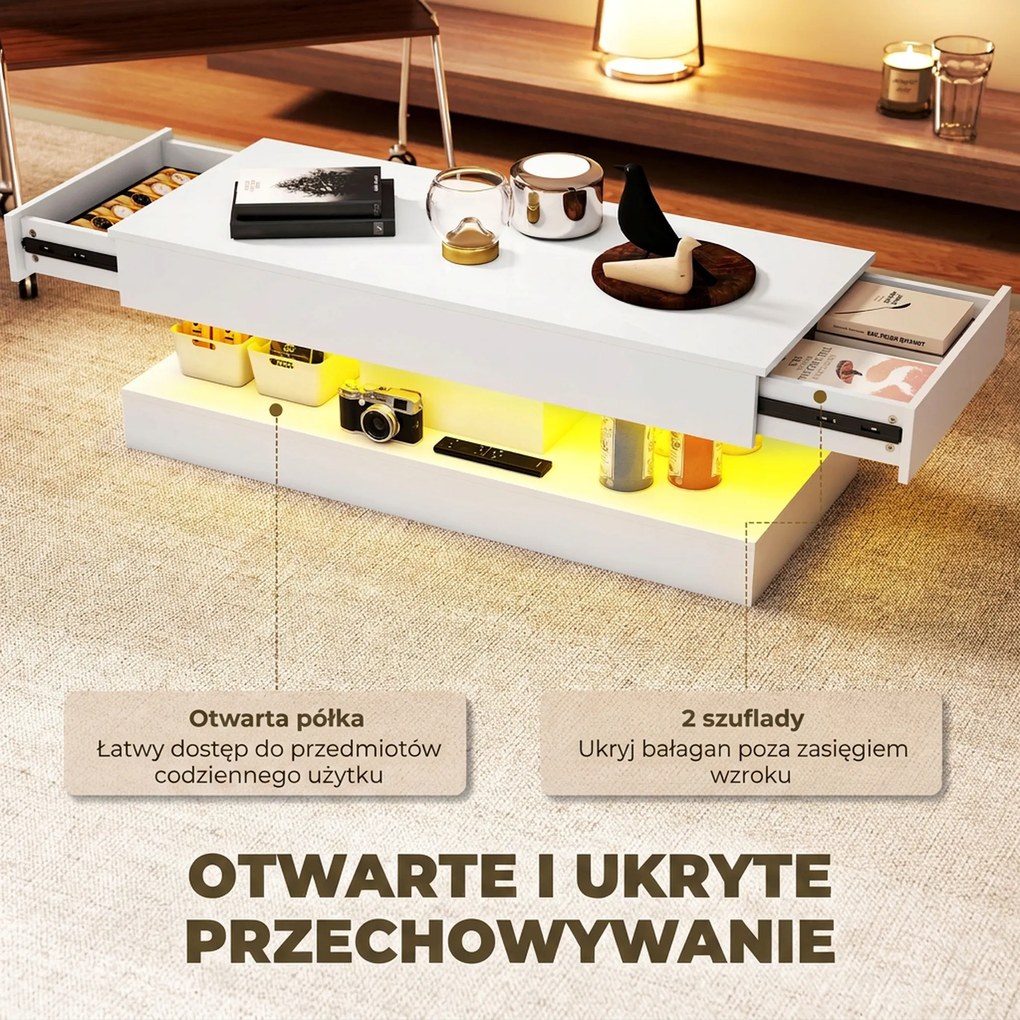 HOMCOM Stół do salonu z szufladami i lampkami LED, nowoczesny stół do kanapy z otwartą półką, stół kawowy, płyta wiórowa, Biały
