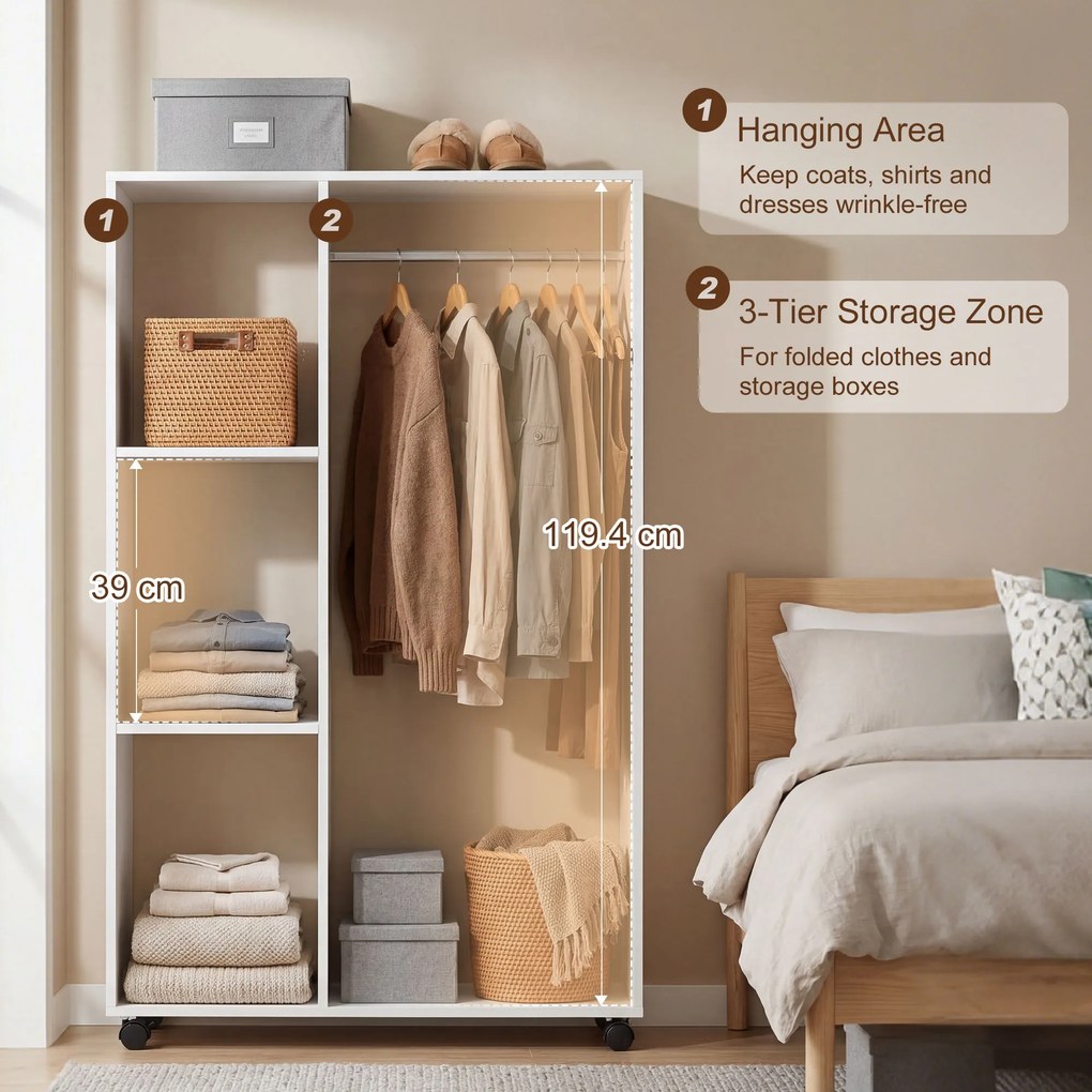 HOMCOM Szafa na Kółkach, Mobilna Garderoba, Szafa Garderobiana, Ruchoma Szafa na Ubrania, 80 x 40 x 128 cm, Biały