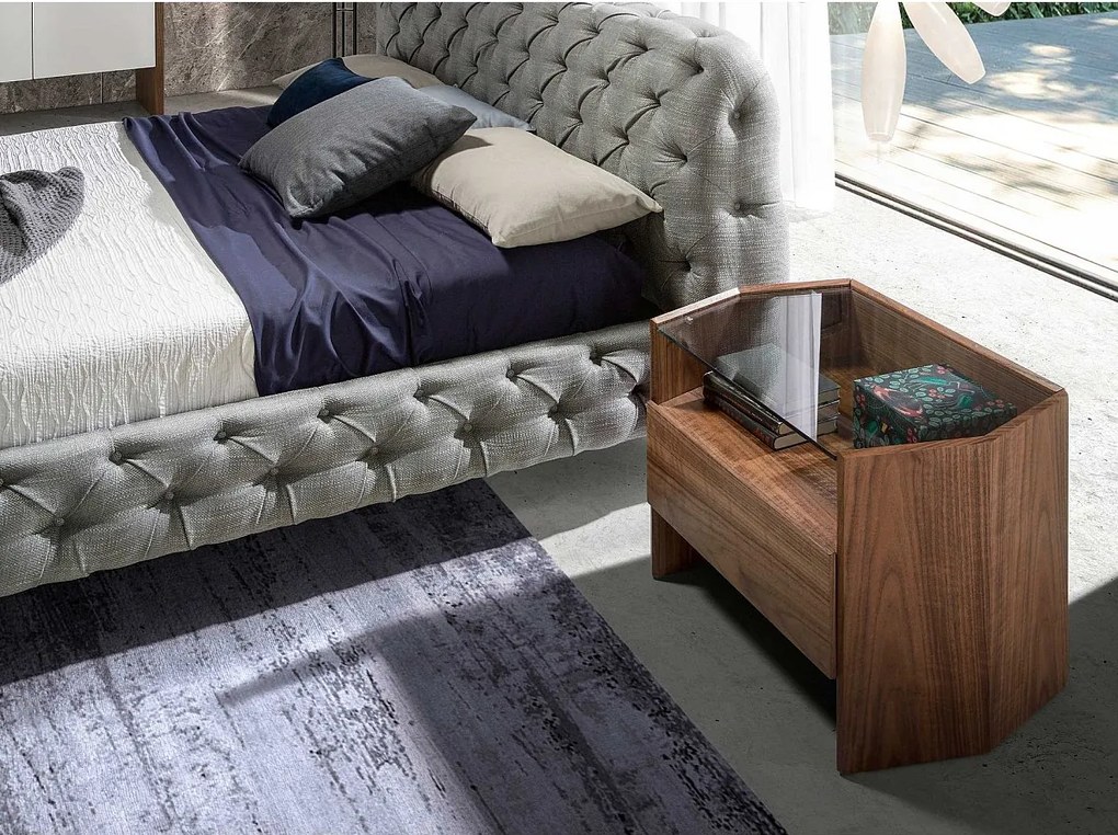 Stolik nocny z orzecha włoskiego z blatem z hartowanego szkła 7072 ANGEL CERDA