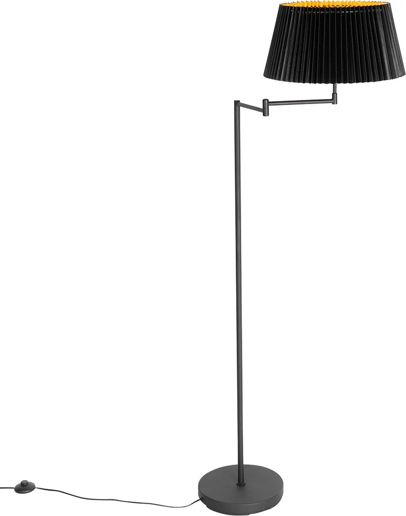 Czarna lampa stojąca z czarnym plisowanym kloszem i regulowanym ramieniem - Ladas Deluxe