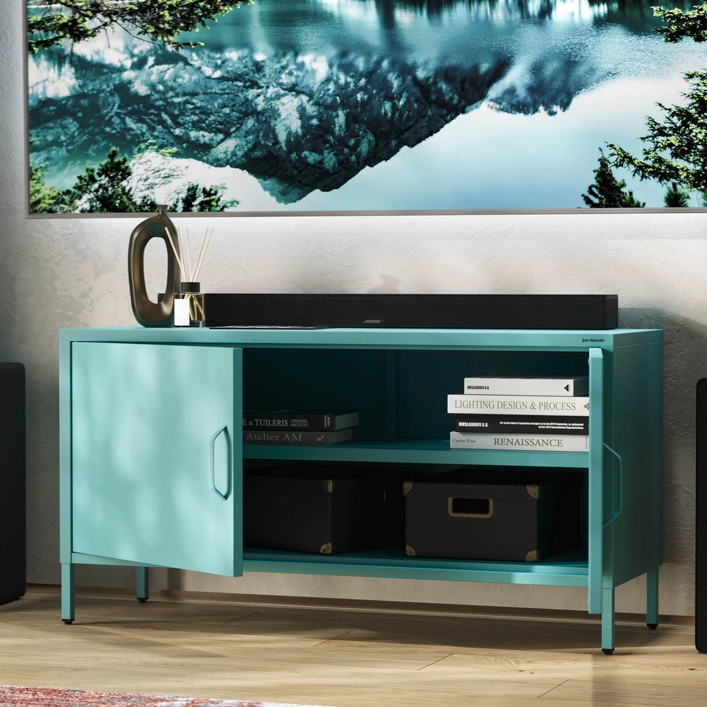 Szafka RTV metalowa na nóżkach morska, 1150x595x400 mm: ROSA Modern