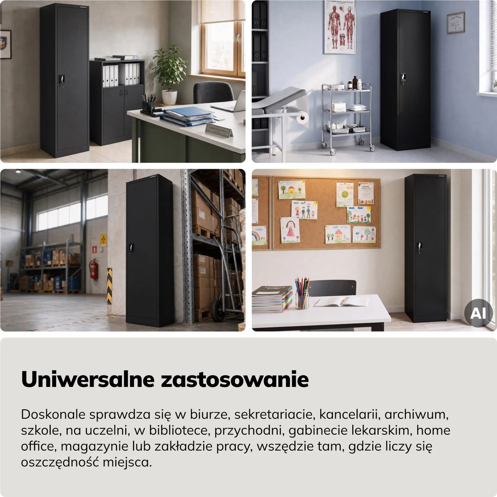 Szafa na akta kartotekowa na klucz wysoka czarna, 450x2200x400 mm: ALEX H2200